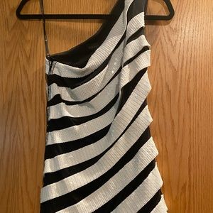 Black and white one shoulder mini sequin dress